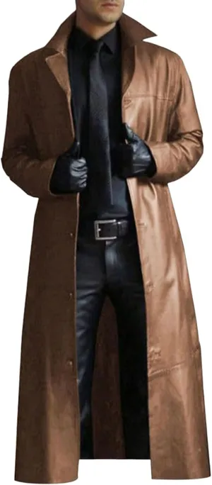 Mens Faux Leather Trench Coat WW2 Military Officer Uniform Overcoat Classic Retro Steampunk Jacket for Outdoor