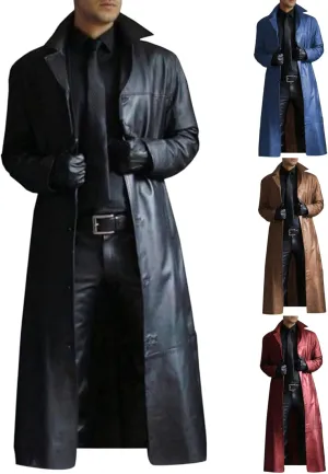 Mens Faux Leather Trench Coat WW2 Military Officer Uniform Overcoat Classic Retro Steampunk Jacket for Outdoor