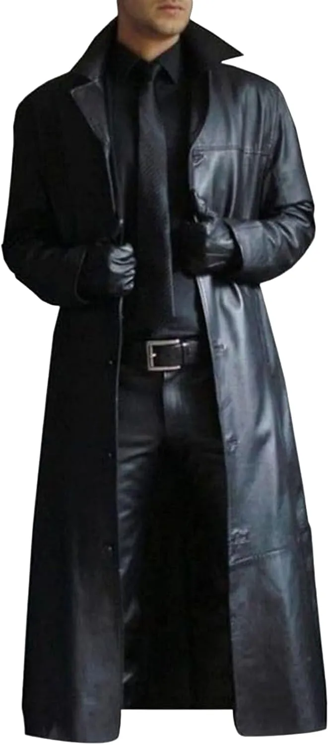 Mens Faux Leather Trench Coat WW2 Military Officer Uniform Overcoat Classic Retro Steampunk Jacket for Outdoor