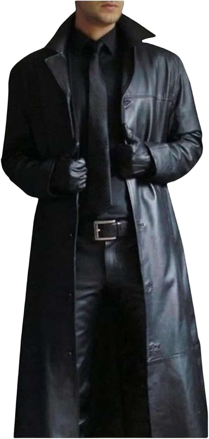 Mens Faux Leather Trench Coat WW2 Military Officer Uniform Overcoat Classic Retro Steampunk Jacket for Outdoor