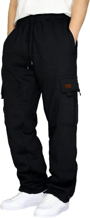 Men's Fleece Cargo Sweatpants Drawstring Loose Fit Sweatpants Active Athletic Workout Jogger Pant for Men with Pockets