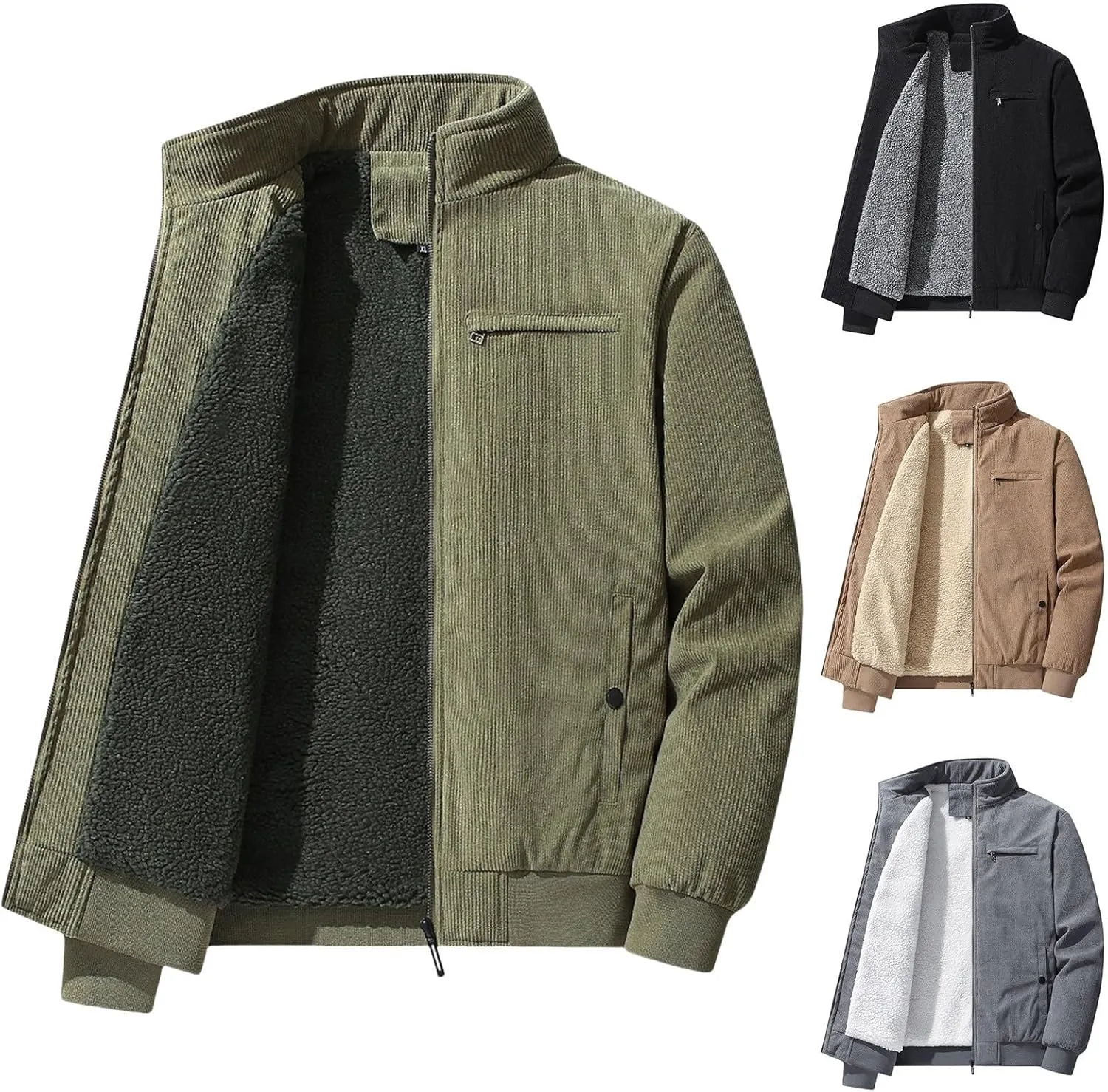 Men's Fleece Heated Jacket Thermal Sherpa Lined Padded Winter Coat Button Lapel Long Sleeve Thicken Warm Outerwear