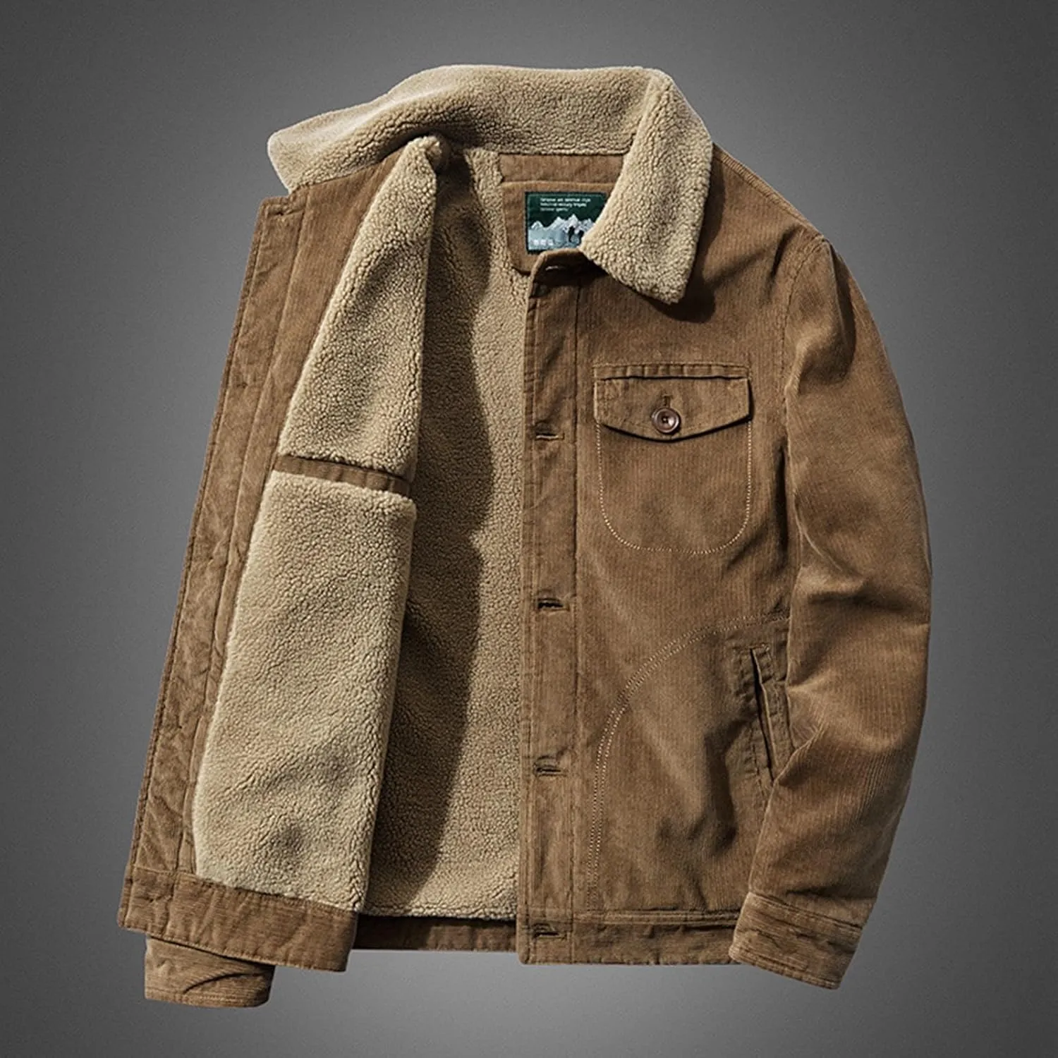 Men's Fleece Heated Jacket Thermal Sherpa Lined Padded Winter Coat Button Lapel Long Sleeve Thicken Warm Outerwear