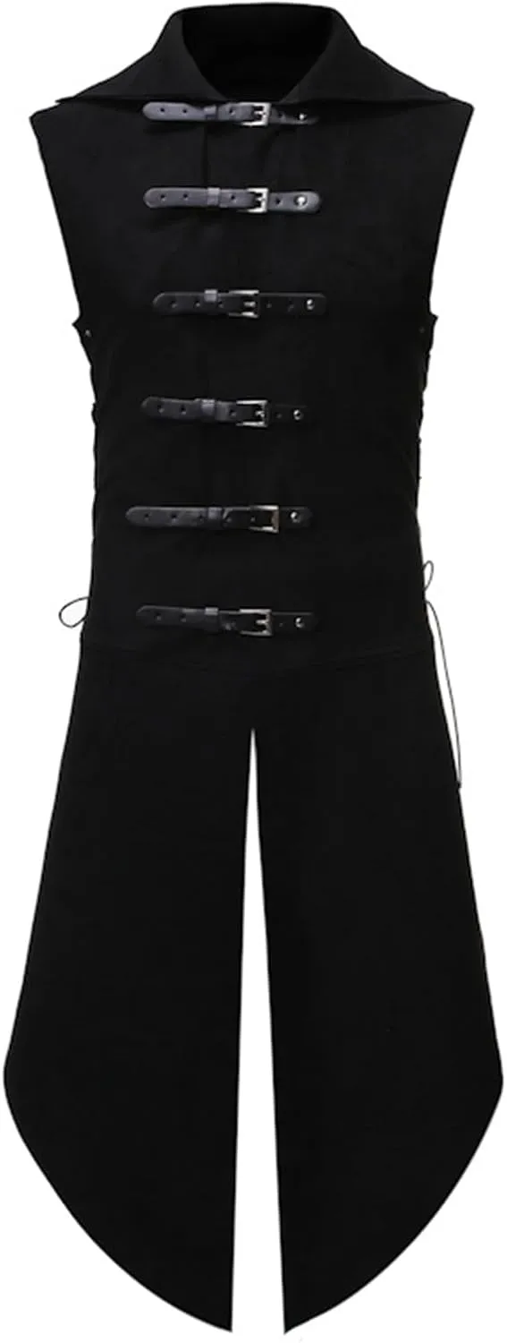 Men's Gothic Belts Jackets Renaissance Vintage Cape Medieval Cloak Halloween Party Costume Victorian sleeveless Coat