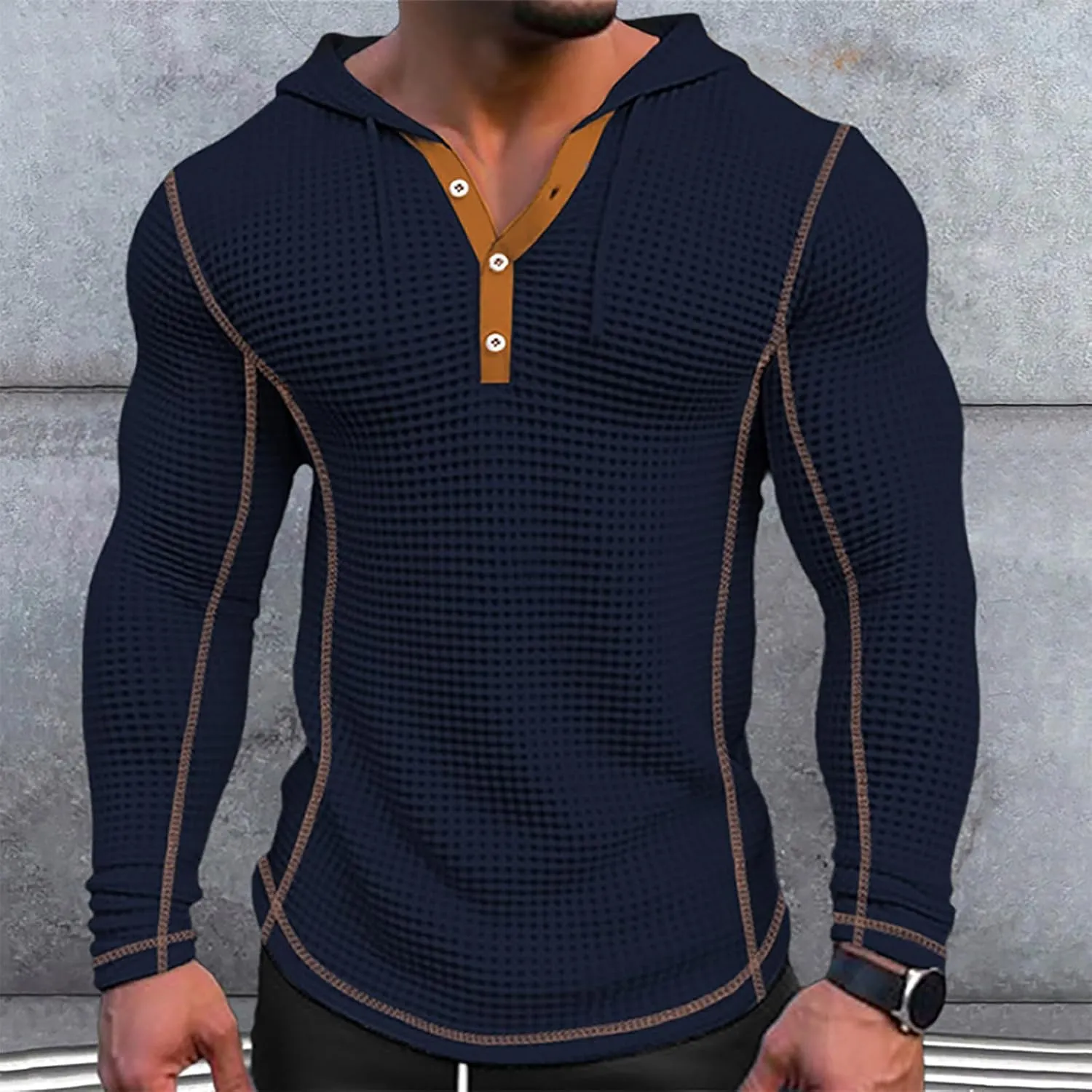 Mens Hoodies Casual Long Sleeve Drawstring Waffle Knit Hooded Sweatshirt Muscle Fit T Shirts Gym Workout Pullover Tops