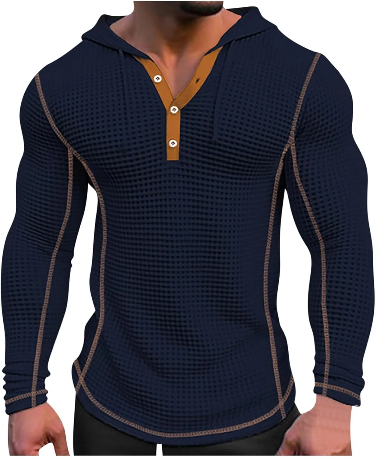 Mens Hoodies Casual Long Sleeve Drawstring Waffle Knit Hooded Sweatshirt Muscle Fit T Shirts Gym Workout Pullover Tops