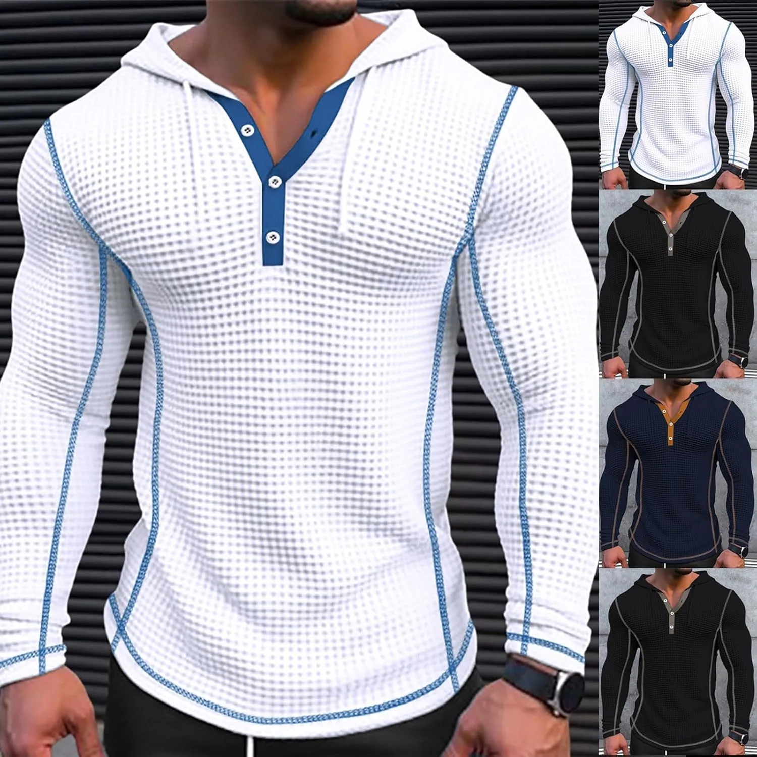 Mens Hoodies Casual Long Sleeve Drawstring Waffle Knit Hooded Sweatshirt Muscle Fit T Shirts Gym Workout Pullover Tops