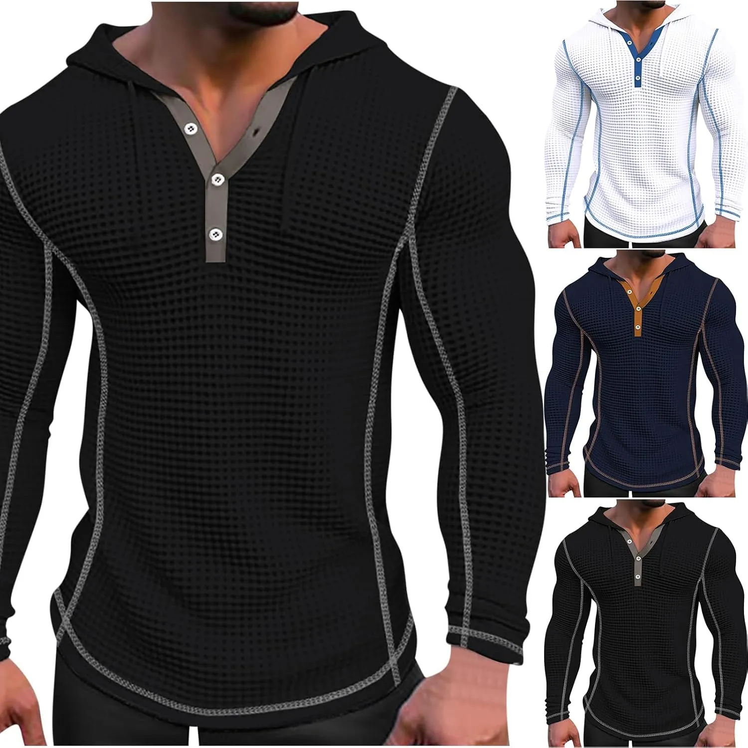 Mens Hoodies Casual Long Sleeve Drawstring Waffle Knit Hooded Sweatshirt Muscle Fit T Shirts Gym Workout Pullover Tops