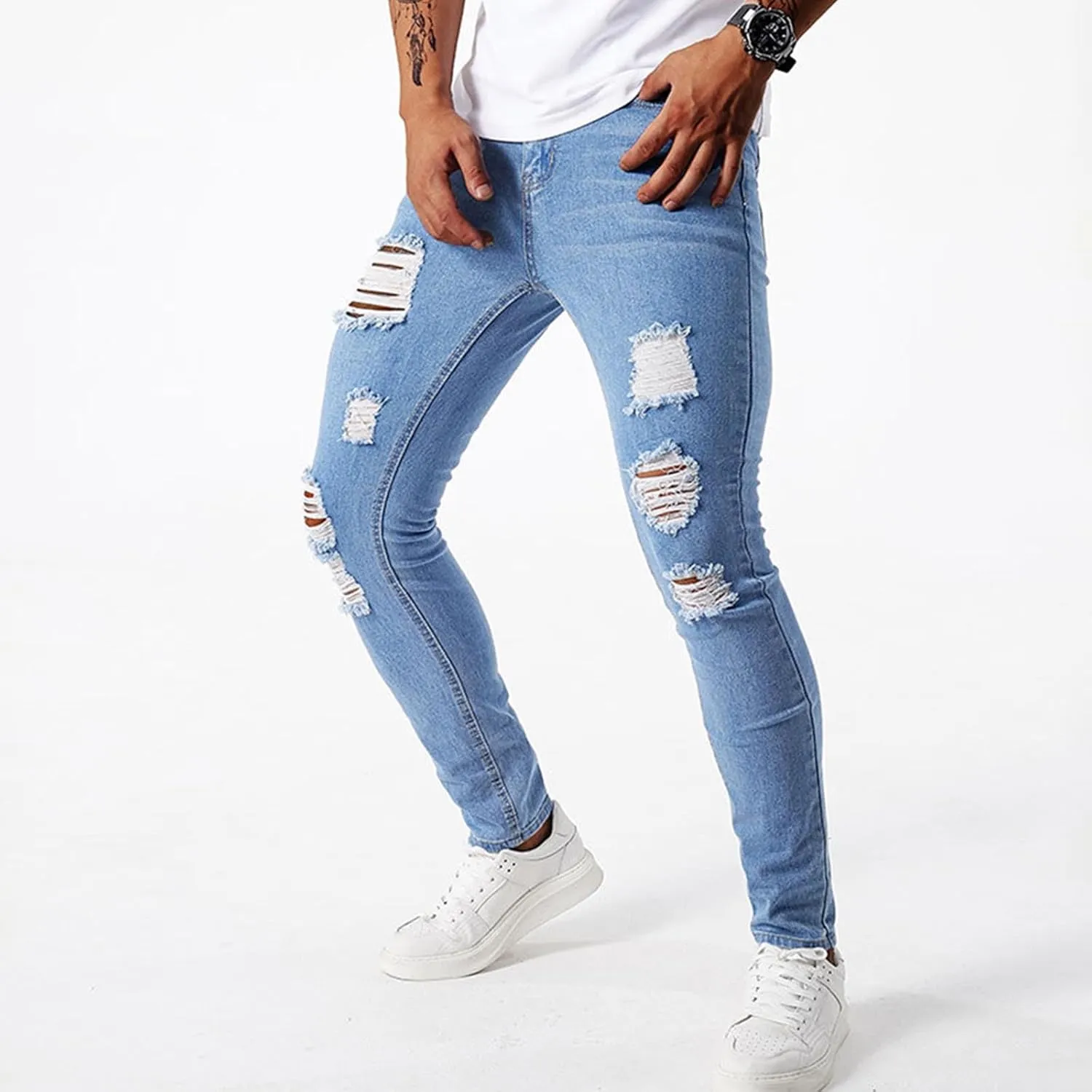 Men's Jeans Pants Fashion Ripped Washed Denim Trouser Button Zipper Stretch Slim Fit Cargo Sweatpant with Pocket