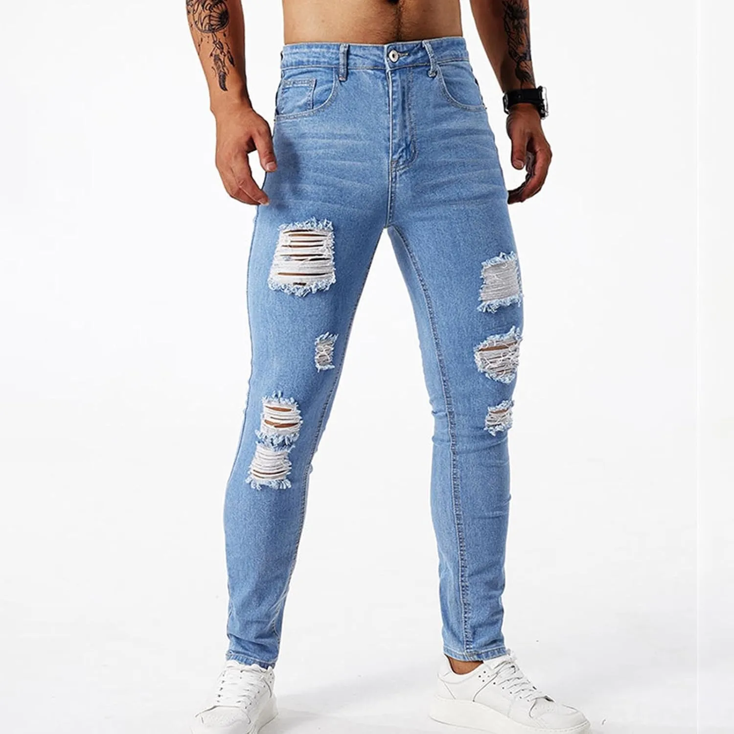 Men's Jeans Pants Fashion Ripped Washed Denim Trouser Button Zipper Stretch Slim Fit Cargo Sweatpant with Pocket