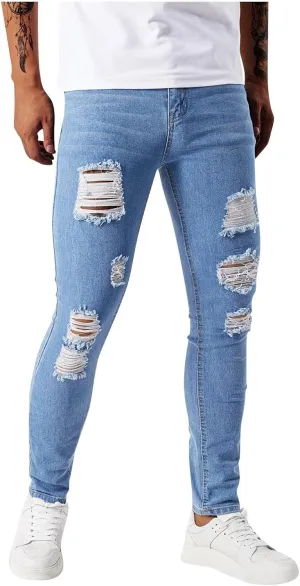 Men's Jeans Pants Fashion Ripped Washed Denim Trouser Button Zipper Stretch Slim Fit Cargo Sweatpant with Pocket