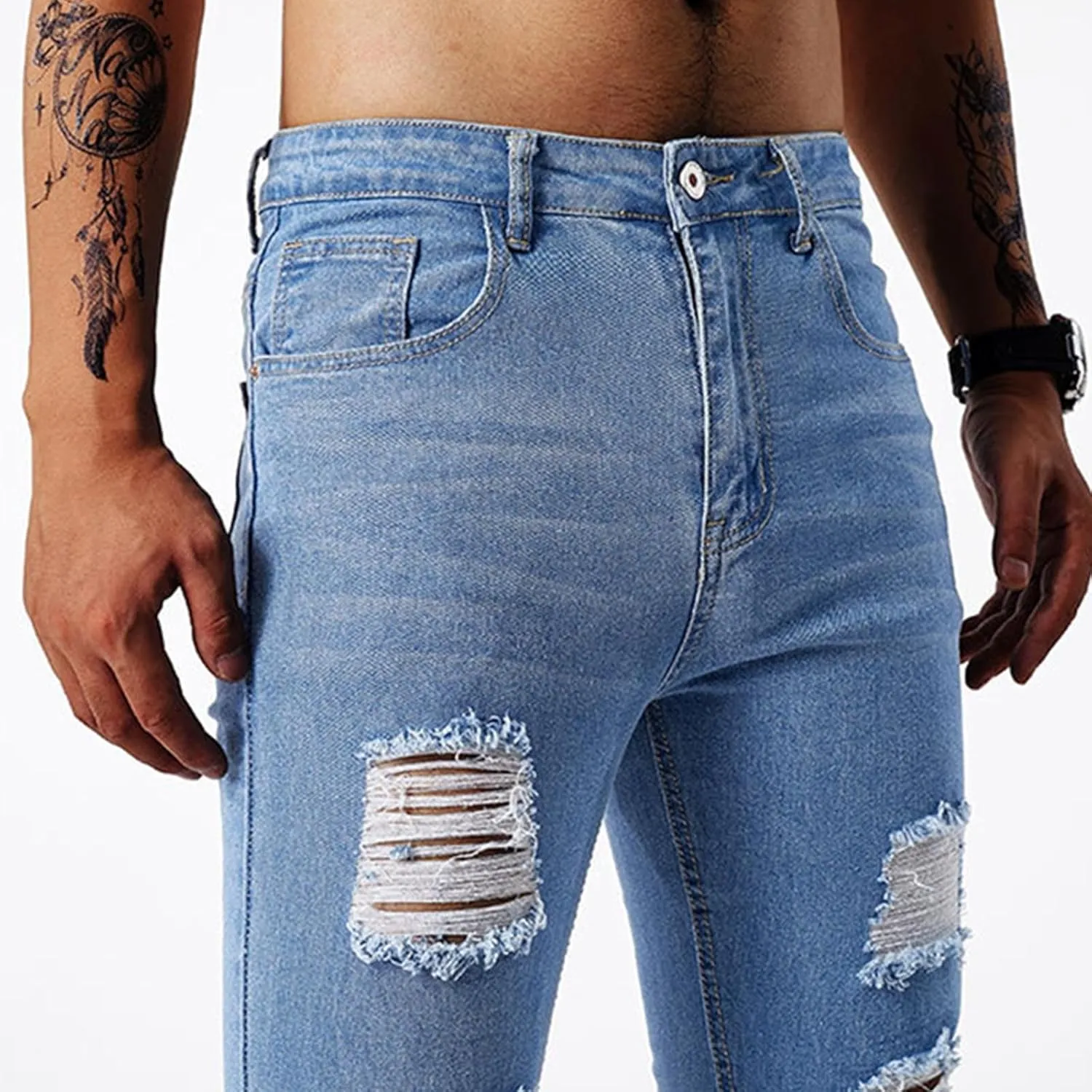 Men's Jeans Pants Fashion Ripped Washed Denim Trouser Button Zipper Stretch Slim Fit Cargo Sweatpant with Pocket