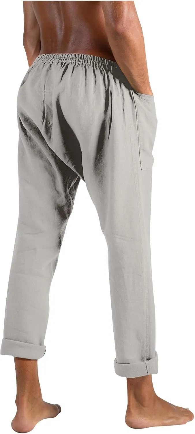 Mens Linen Pants Casual Loose Fit Drawstring Sweatpants Lightweight Elastic Waist Fashion Trousers with Pockets