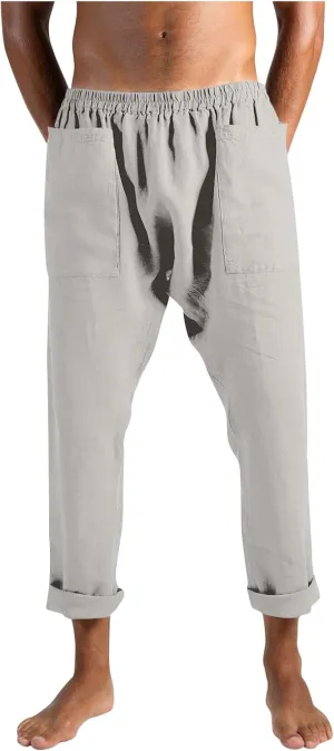 Mens Linen Pants Casual Loose Fit Drawstring Sweatpants Lightweight Elastic Waist Fashion Trousers with Pockets