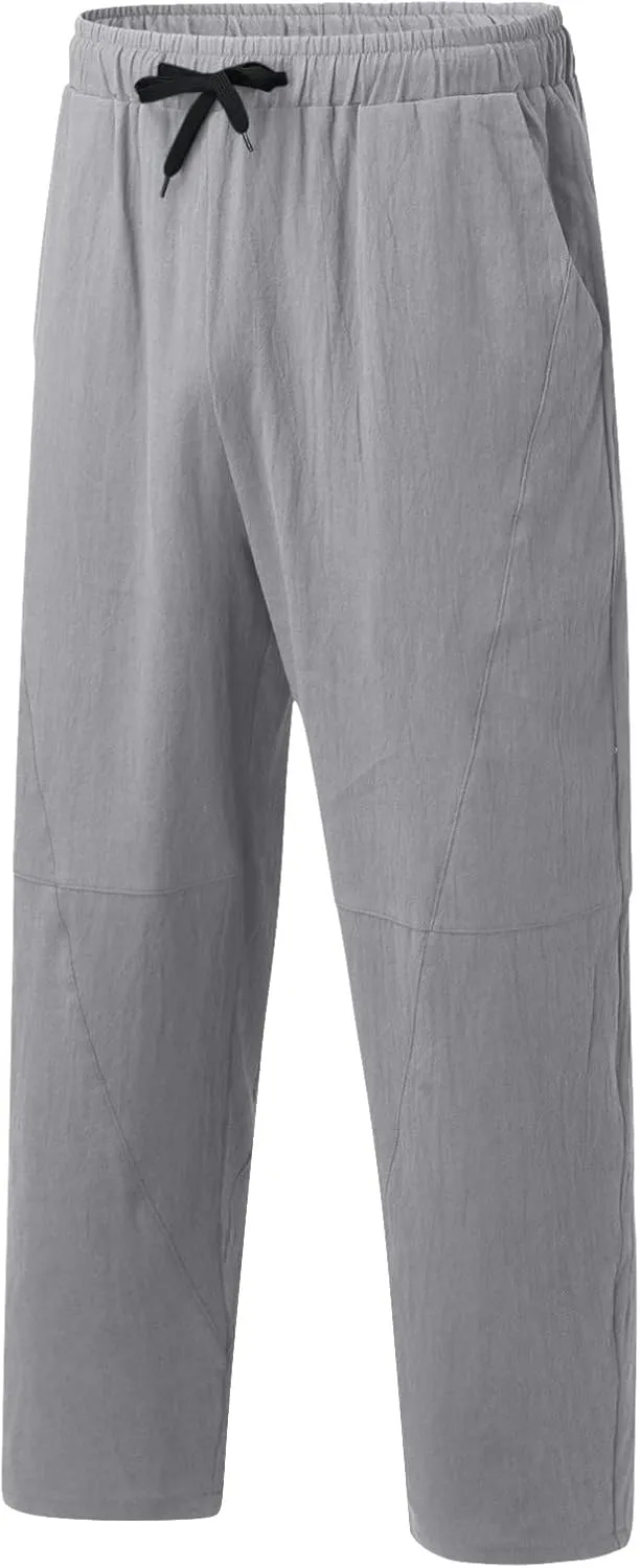 Mens Linen Pants Lightweight Loose and Light Running Workout Gym Track Pants Multi-Pocket Summer Beach Yoga Trousers