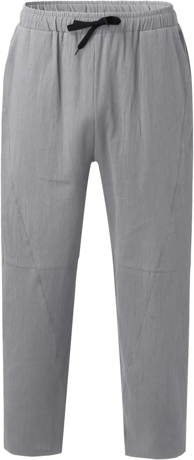 Mens Linen Pants Lightweight Loose and Light Running Workout Gym Track Pants Multi-Pocket Summer Beach Yoga Trousers