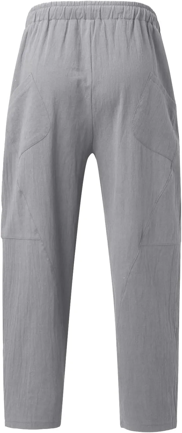 Mens Linen Pants Lightweight Loose and Light Running Workout Gym Track Pants Multi-Pocket Summer Beach Yoga Trousers