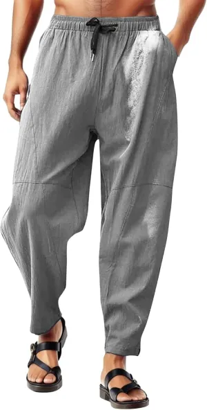Mens Linen Pants Lightweight Loose and Light Running Workout Gym Track Pants Multi-Pocket Summer Beach Yoga Trousers