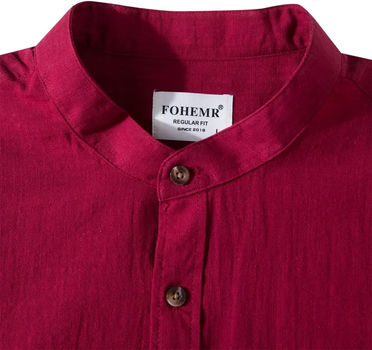 Mens Long Sleeve Cotton Linen Shirt Button Down Beach Band Collar Casual Shirt Button Up Summer Shirt Tops with Pocket
