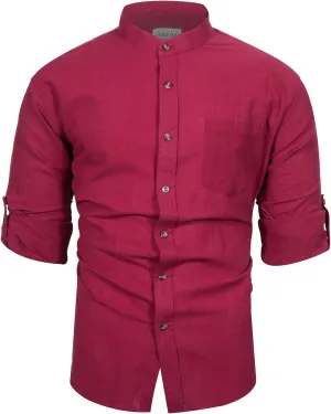 Mens Long Sleeve Cotton Linen Shirt Button Down Beach Band Collar Casual Shirt Button Up Summer Shirt Tops with Pocket