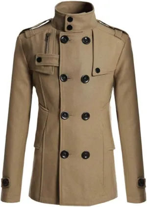 Men's Notch Lapel Double Breasted Long Trench Coat Casual Cotton Blend Peacoat Winter Long Jacket
