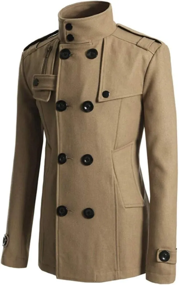 Men's Notch Lapel Double Breasted Long Trench Coat Casual Cotton Blend Peacoat Winter Long Jacket