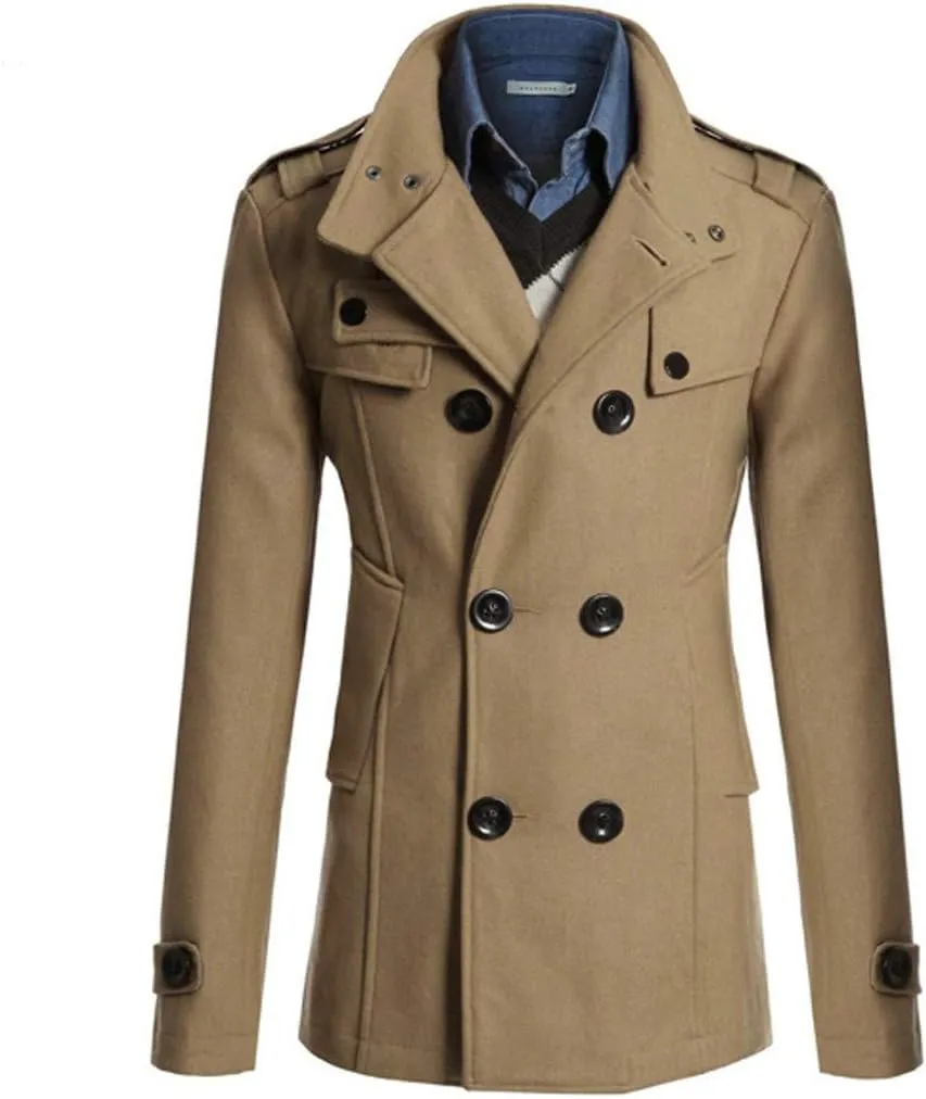 Men's Notch Lapel Double Breasted Long Trench Coat Casual Cotton Blend Peacoat Winter Long Jacket