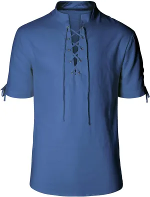 Men's Pirate Shirt Renaissance Medieval Viking Shirt Linen Short Sleeve Lace Up Top Halloween Costume