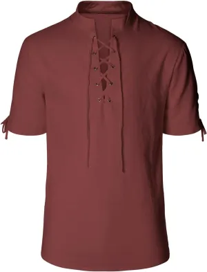 Men's Pirate Shirt Renaissance Medieval Viking Shirt Linen Short Sleeve Lace Up Top Halloween Costume