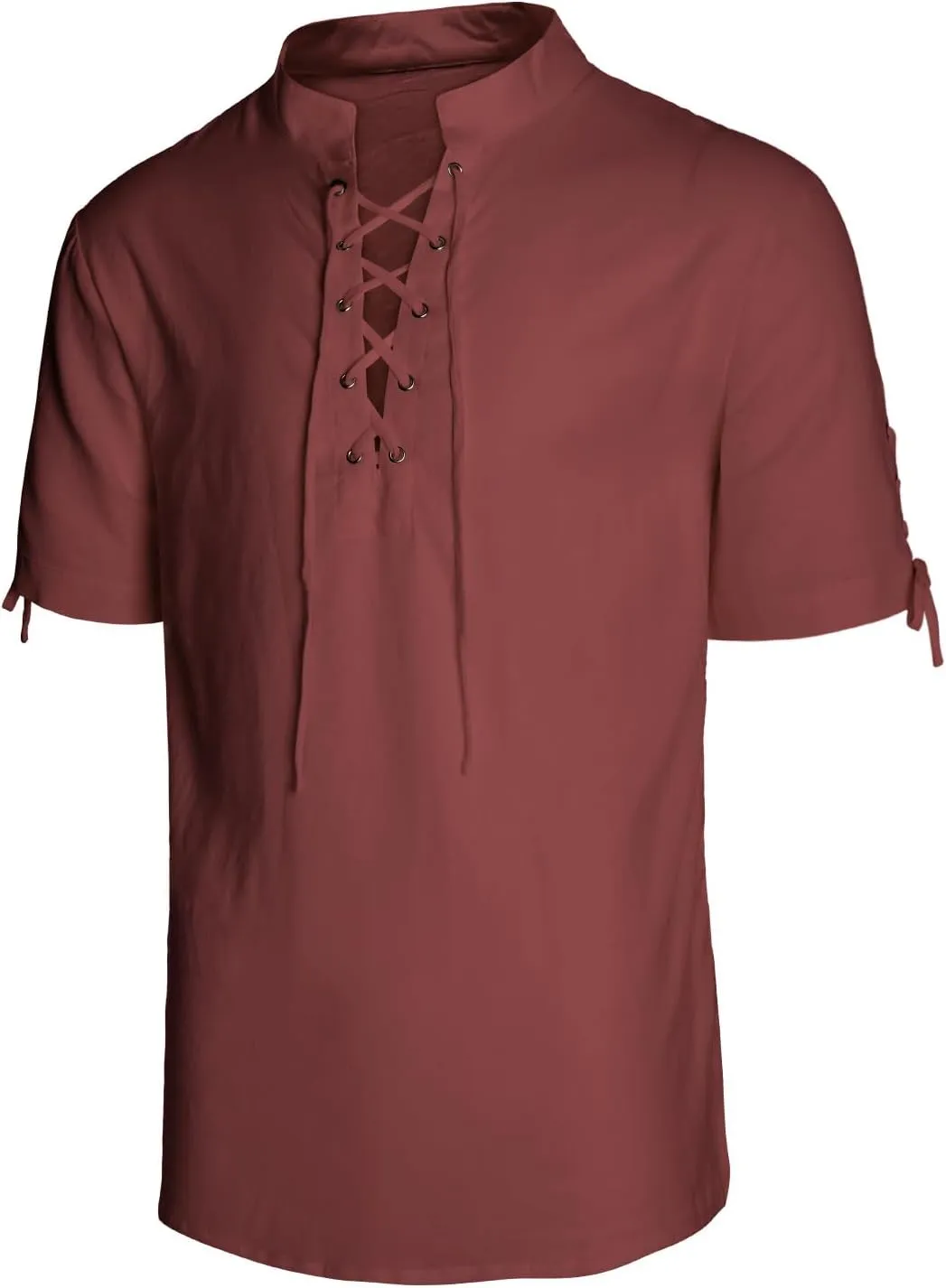 Men's Pirate Shirt Renaissance Medieval Viking Shirt Linen Short Sleeve Lace Up Top Halloween Costume