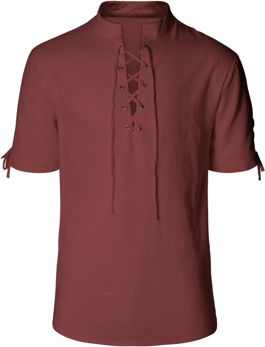 Men's Pirate Shirt Renaissance Medieval Viking Shirt Linen Short Sleeve Lace Up Top Halloween Costume