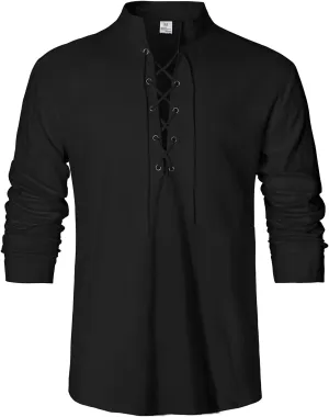 Men's Renaissance Long Sleeved Shirt Pirate Medieval Cotton Shirt Hippie lace up top Halloween Costume