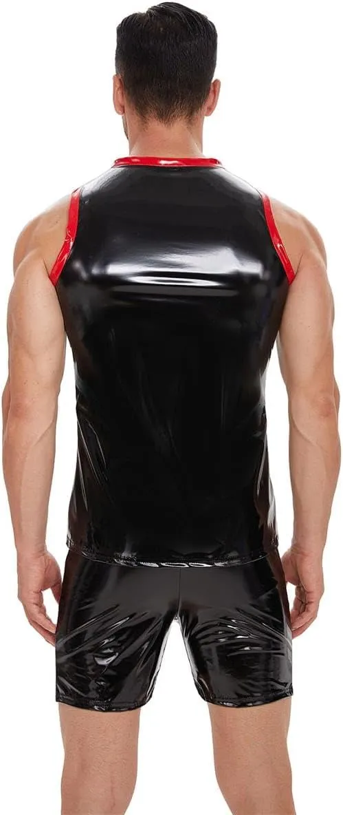 Men's Sexy Leather T-Shirt Vest Shiny Black Tight Sleeveless Shirt Wetlook Tank Tops