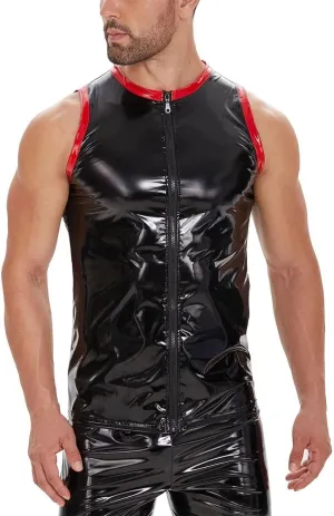 Men's Sexy Leather T-Shirt Vest Shiny Black Tight Sleeveless Shirt Wetlook Tank Tops