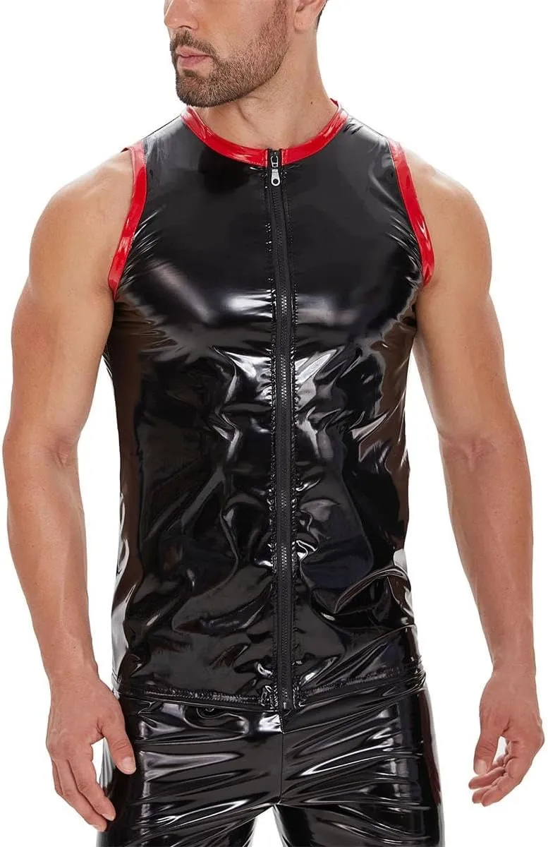 Men's Sexy Leather T-Shirt Vest Shiny Black Tight Sleeveless Shirt Wetlook Tank Tops