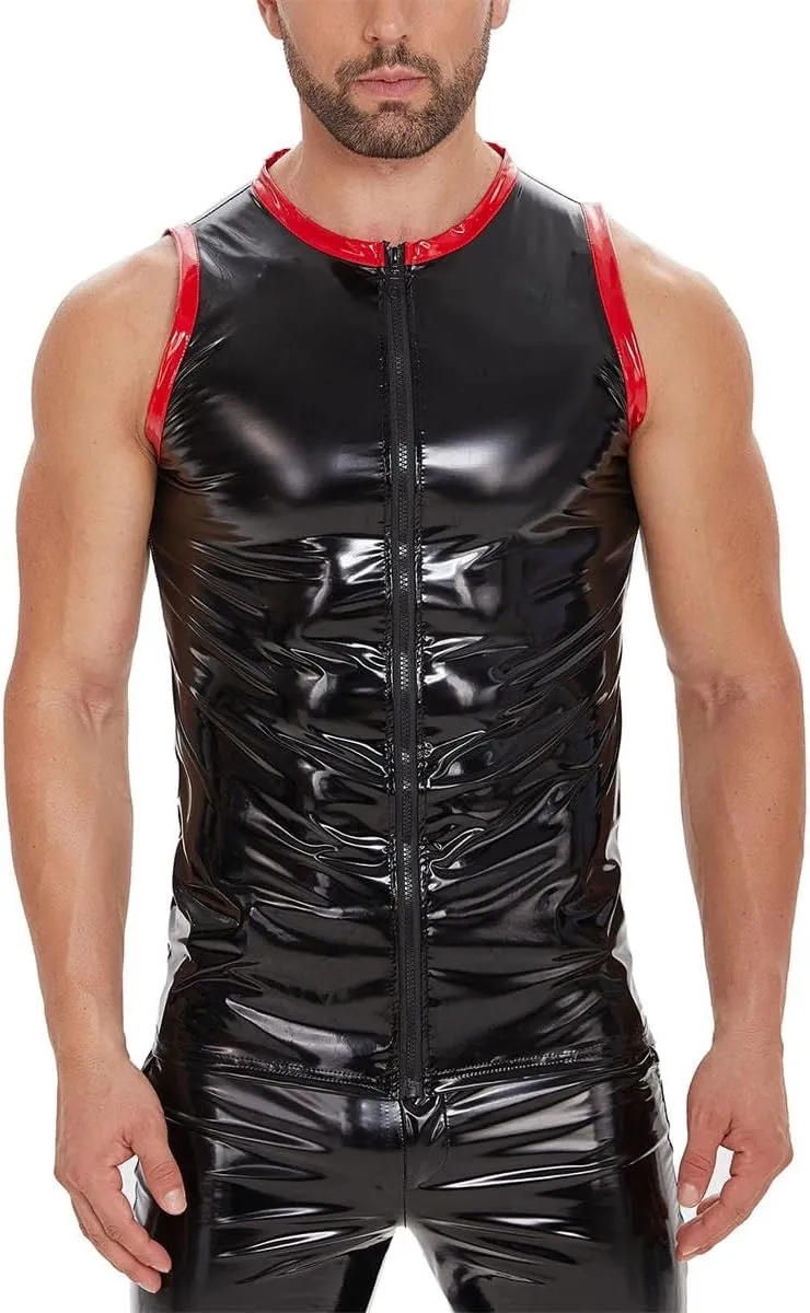 Men's Sexy Leather T-Shirt Vest Shiny Black Tight Sleeveless Shirt Wetlook Tank Tops