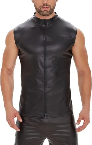 Men's Sexy Leather T-Shirt Vest,Shiny Black Tight Sleeveless Shirt Wetlook Tank Tops