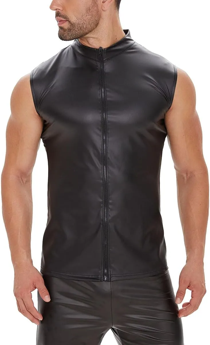 Men's Sexy Leather T-Shirt Vest,Shiny Black Tight Sleeveless Shirt Wetlook Tank Tops