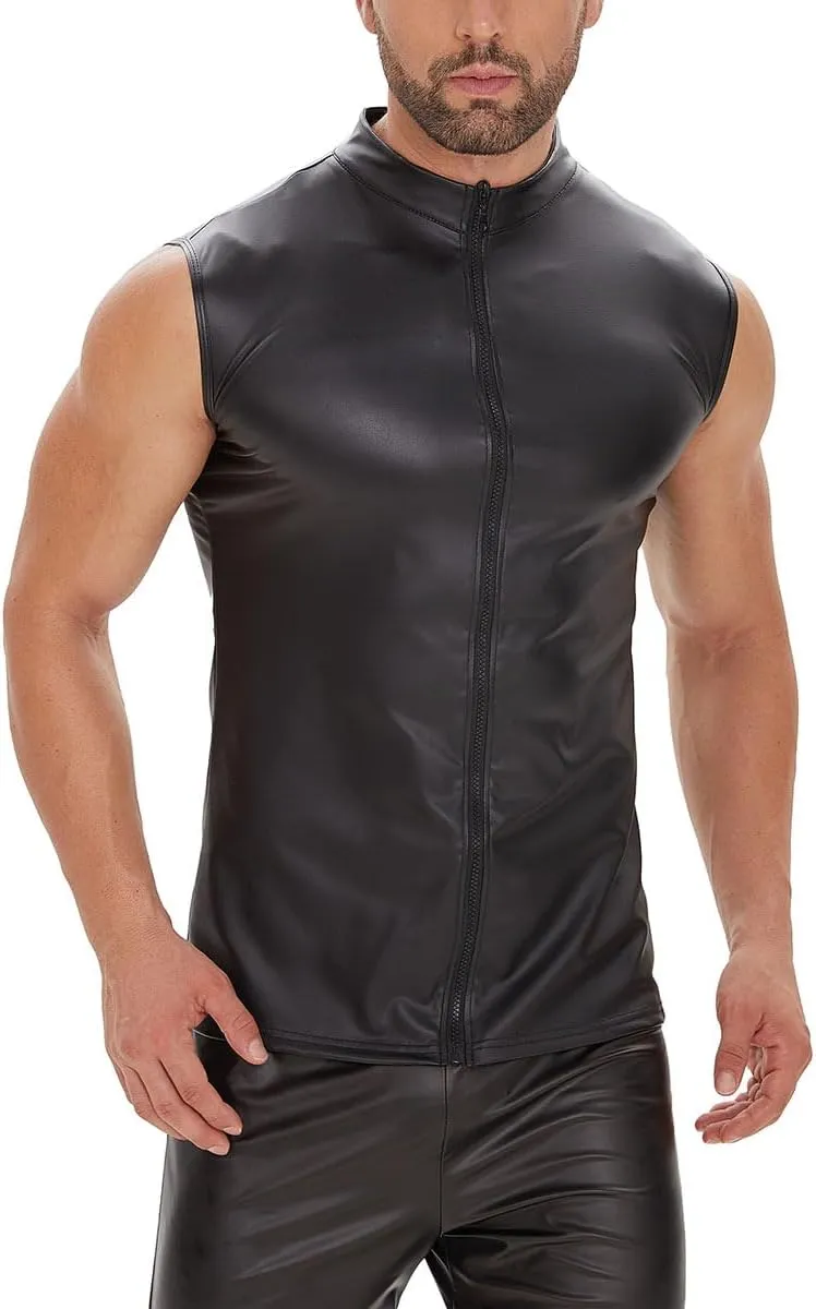Men's Sexy Leather T-Shirt Vest,Shiny Black Tight Sleeveless Shirt Wetlook Tank Tops