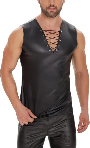 Men's Sexy Leather T-Shirt Vest,Shiny Black Tight Sleeveless Shirt Wetlook Tank Tops