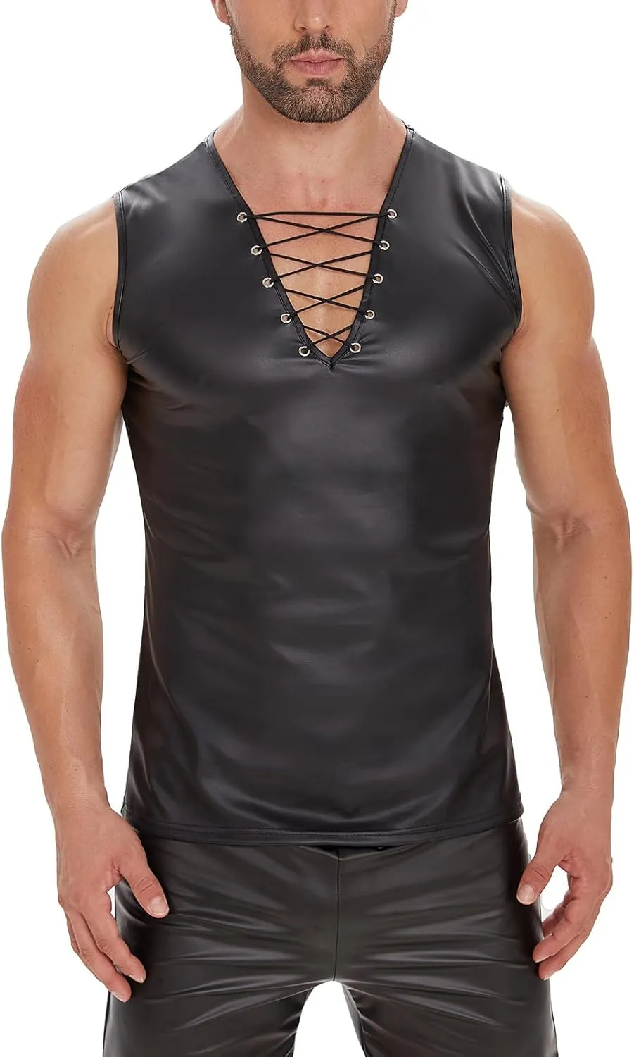 Men's Sexy Leather T-Shirt Vest,Shiny Black Tight Sleeveless Shirt Wetlook Tank Tops