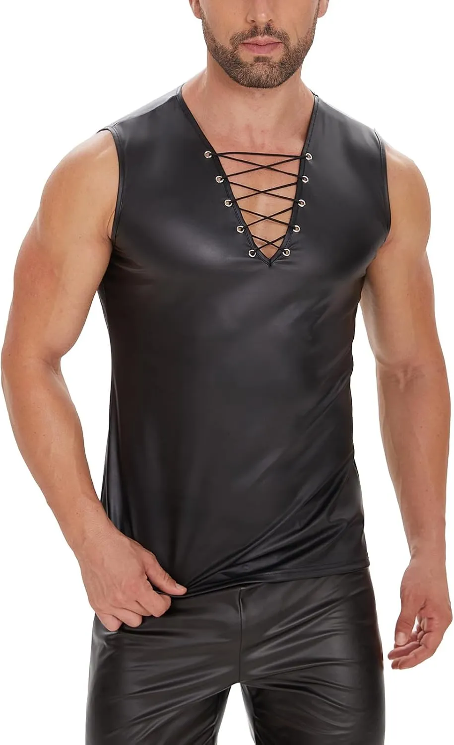 Men's Sexy Leather T-Shirt Vest,Shiny Black Tight Sleeveless Shirt Wetlook Tank Tops