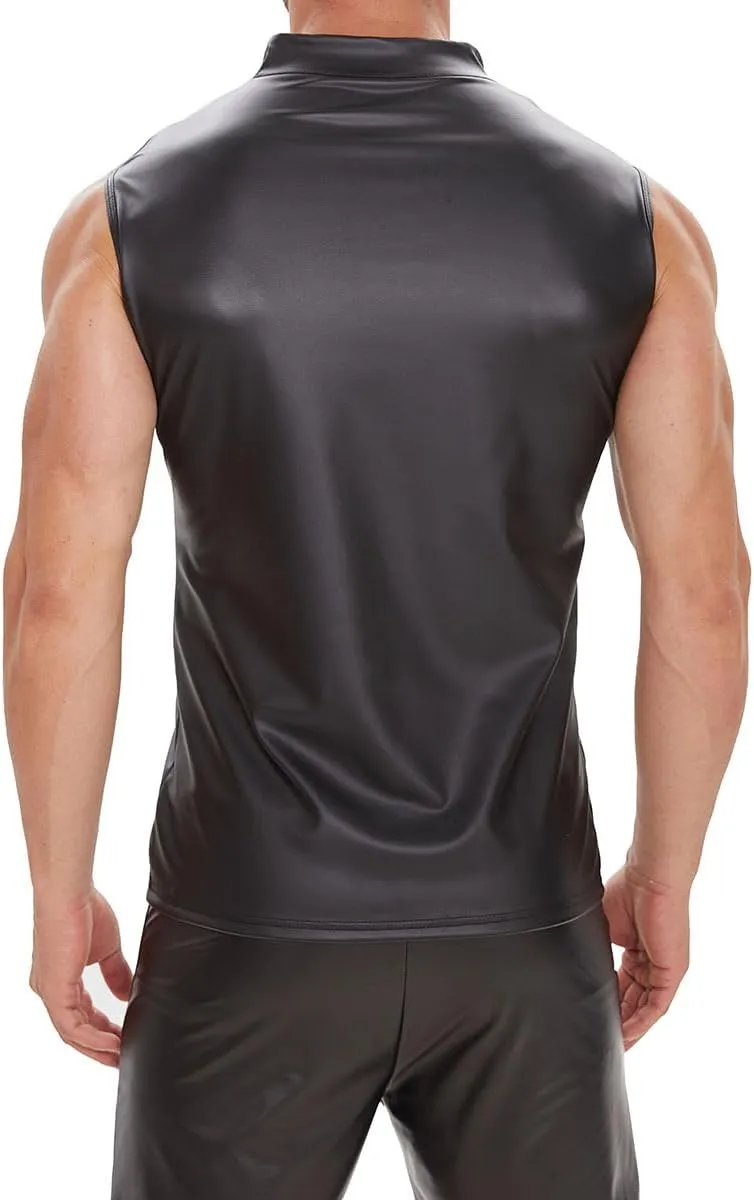 Men's Sexy Leather T-Shirt Vest,Shiny Black Tight Sleeveless Shirt Wetlook Tank Tops