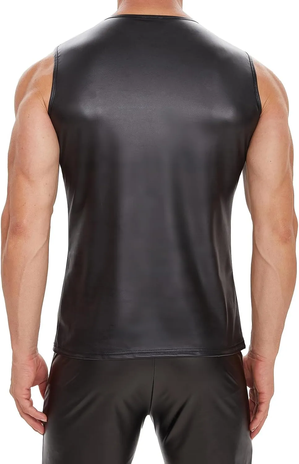Men's Sexy Leather T-Shirt Vest,Shiny Black Tight Sleeveless Shirt Wetlook Tank Tops