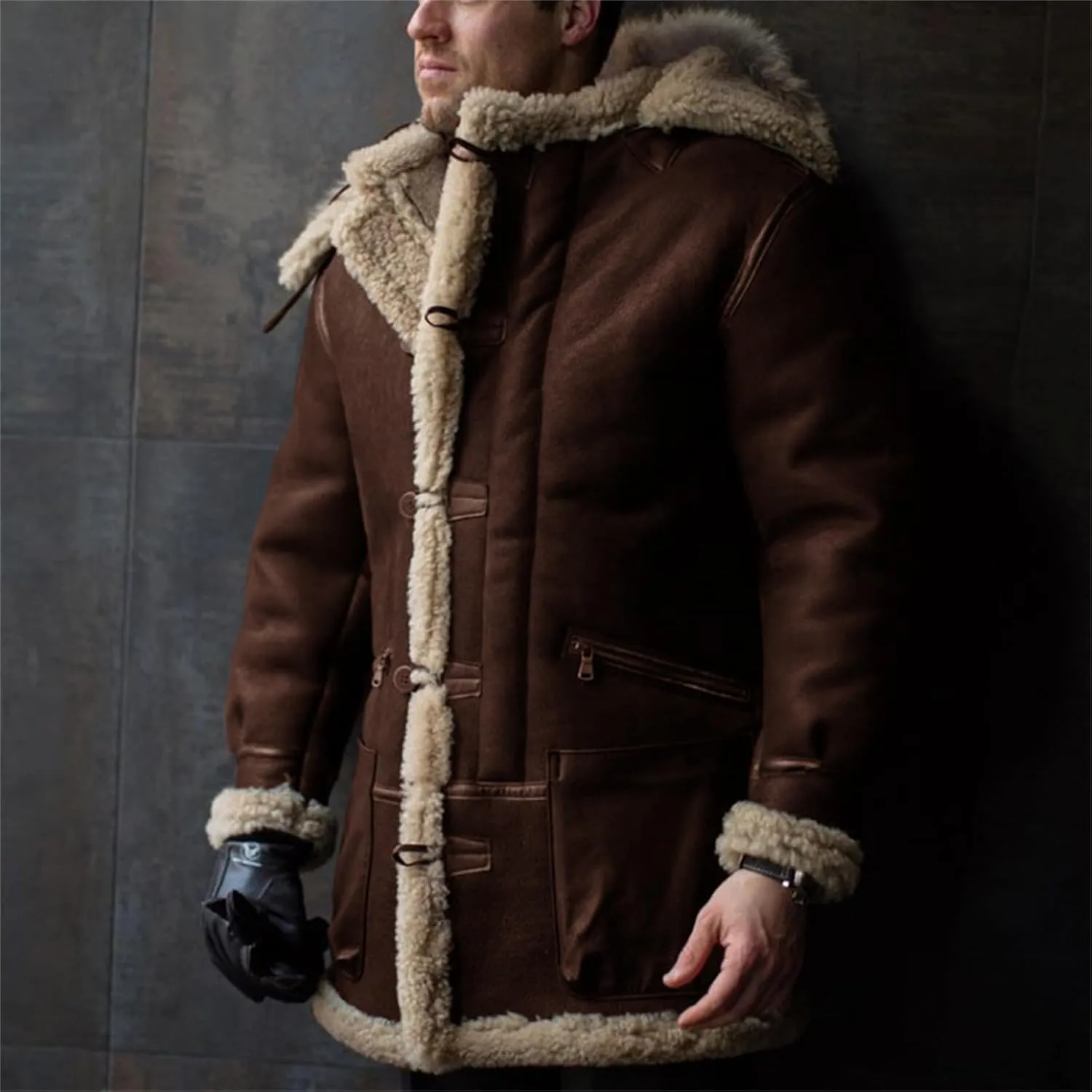 Men's Shearling Leather Coat Suede Sherpa Lined Fleece Sheepskin Pea Coat Jacket Faux Fur Vintage Long Trench Coat