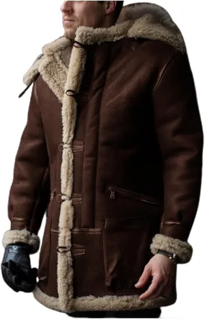 Men's Shearling Leather Coat Suede Sherpa Lined Fleece Sheepskin Pea Coat Jacket Faux Fur Vintage Long Trench Coat