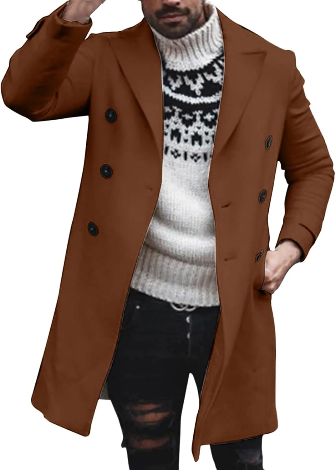 Mens Single Breasted Trench Coat Winter Pea Coat Notch Lapel Long Casual Overcoat Slim Fit Long Jacket Pea Coat