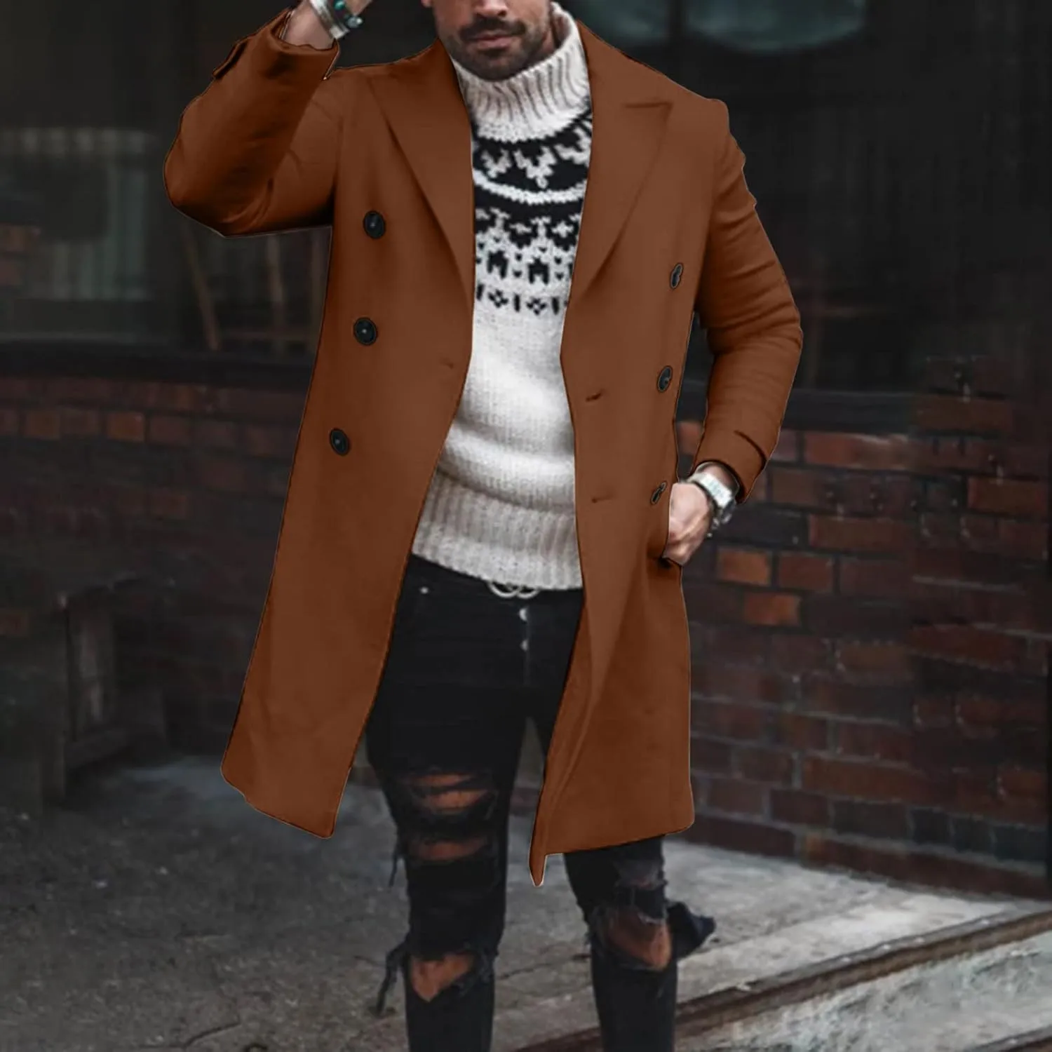 Mens Single Breasted Trench Coat Winter Pea Coat Notch Lapel Long Casual Overcoat Slim Fit Long Jacket Pea Coat