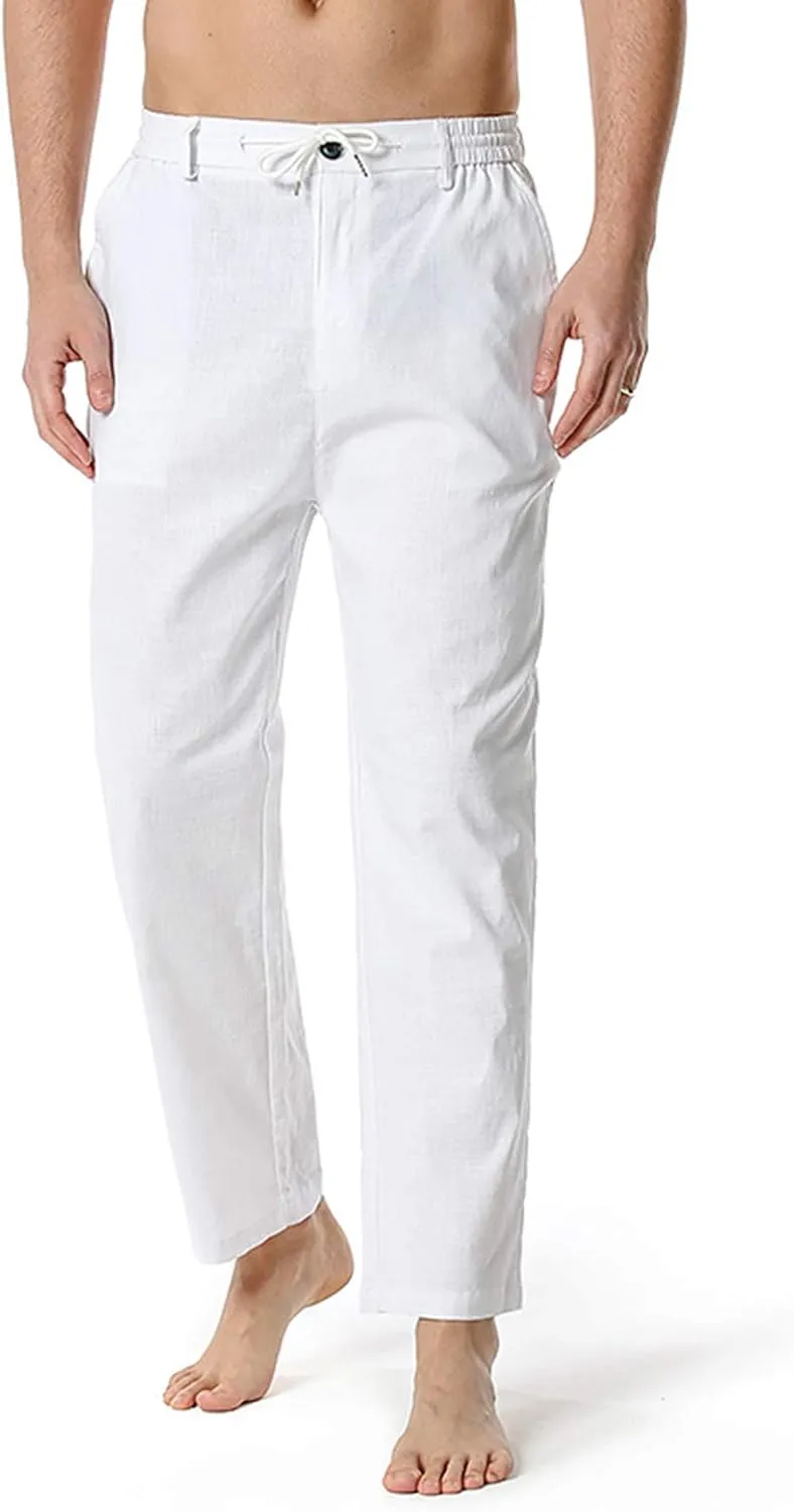 Mens Slim Fit Cotton Linen Pants Straight Leg Elastic Waist Classic Chino Pants Lightweight Beach Yoga Trousers with Pockets