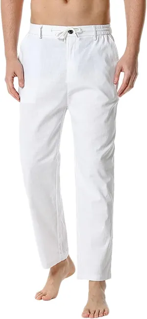 Mens Slim Fit Cotton Linen Pants Straight Leg Elastic Waist Classic Chino Pants Lightweight Beach Yoga Trousers with Pockets